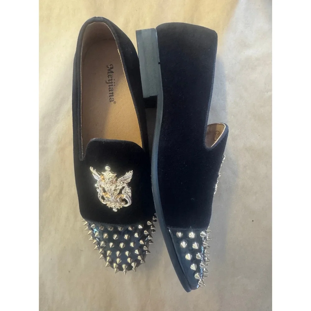 Meijiana Mens Black Velvet Gold Spike Dragon Crest Slip-On Loafers Size 10